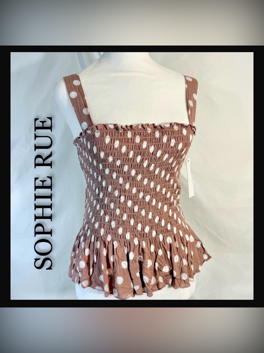 NWT Sophie Rue Smocked Polka Dot Camisole Tank Top W/ A Ruffled Square Neckline